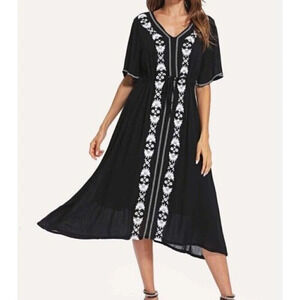 NYTT Hippie Boho Chic Black Midi Embroidered Drawstring Waist Dress Size Med